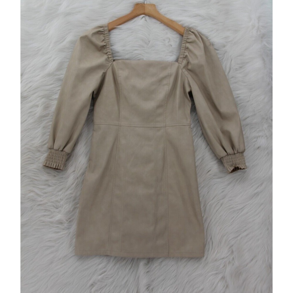 7 for all Mankind Women's Beige Faux Leather Sheath Mini Dress Puff Sleeve Sz S